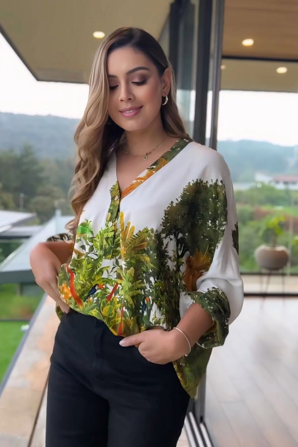Green Foliage Pattern Print V - Neck Shirt - Navvi.in