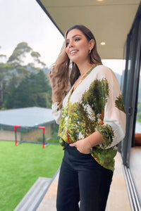 Green Foliage Pattern Print V - Neck Shirt - Navvi.in