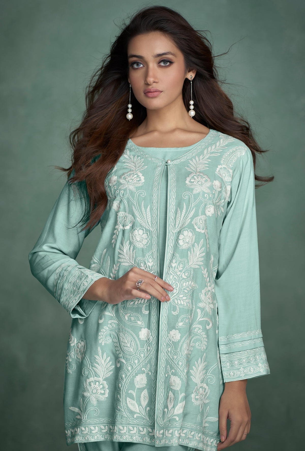 Green Hand Embroidery Full - Sleeves Co - ord Set - Navvi.in