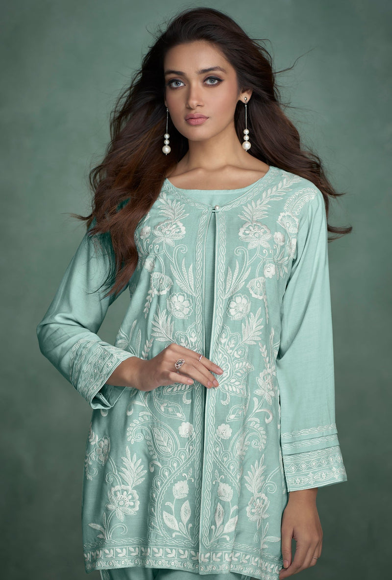 Green Hand Embroidery Full - Sleeves Co - ord Set - Navvi.in
