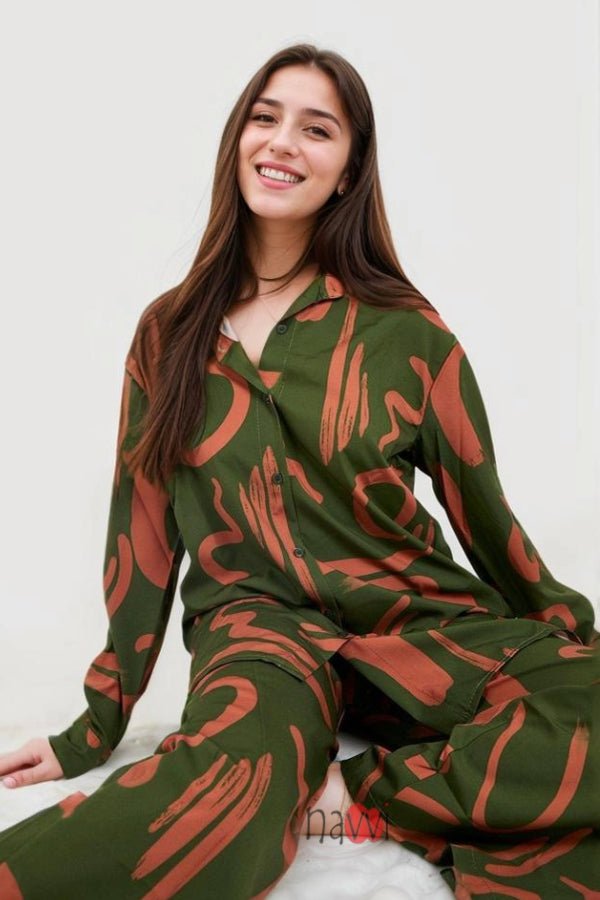 Green Scribble Co - ord Set - Navvi.in