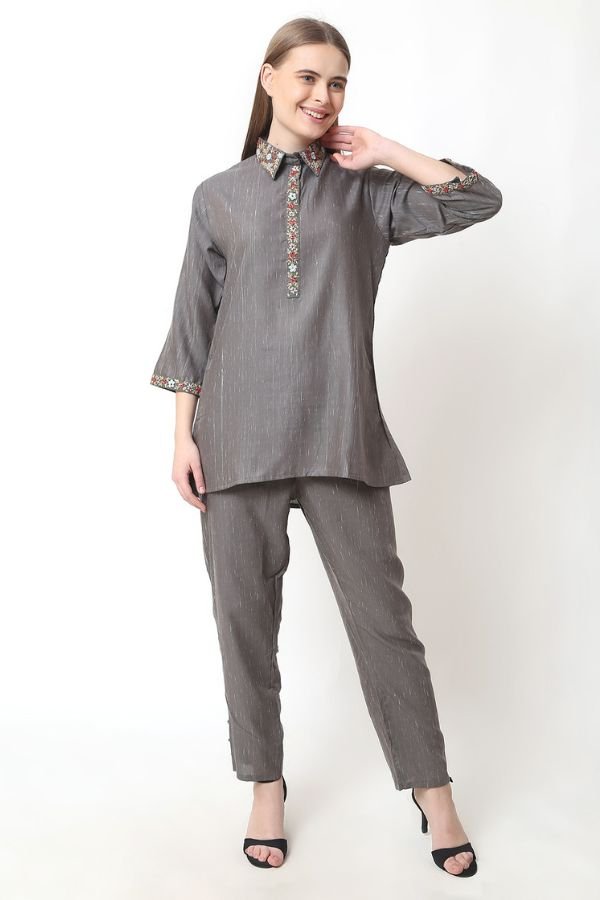 Grey Embroidery Co - ord Set - Navvi.in