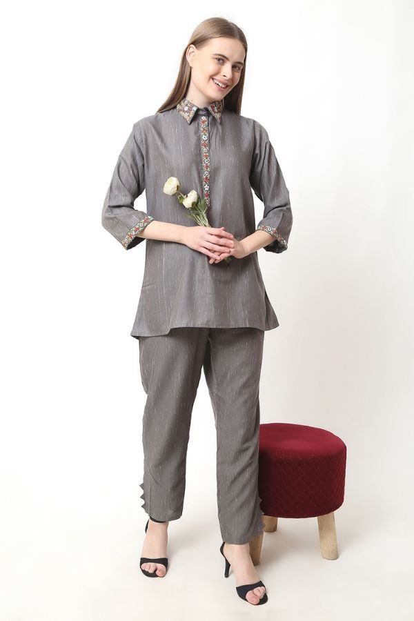 Grey Embroidery Co - ord Set - Navvi.in