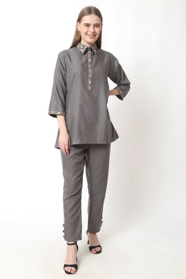 Grey Embroidery Co - ord Set - Navvi.in