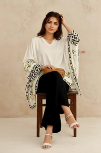 Ivory Geometric Border Kaftan Top with Black Straight Pants