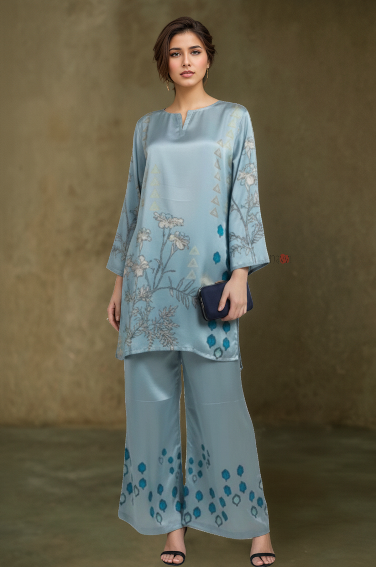 Powder Blue Floral Print Co-Ord Set for Women