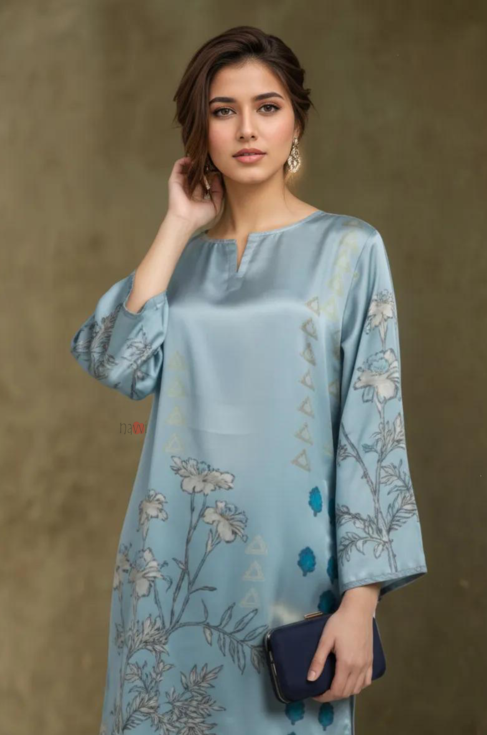 Powder Blue Floral Print Co-Ord Set for Women