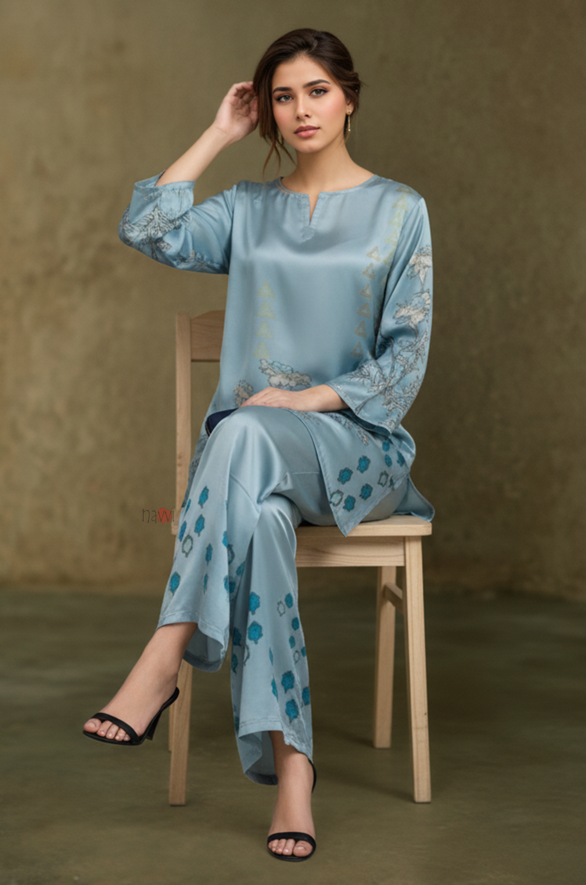 Powder Blue Floral Print Co-Ord Set for Women