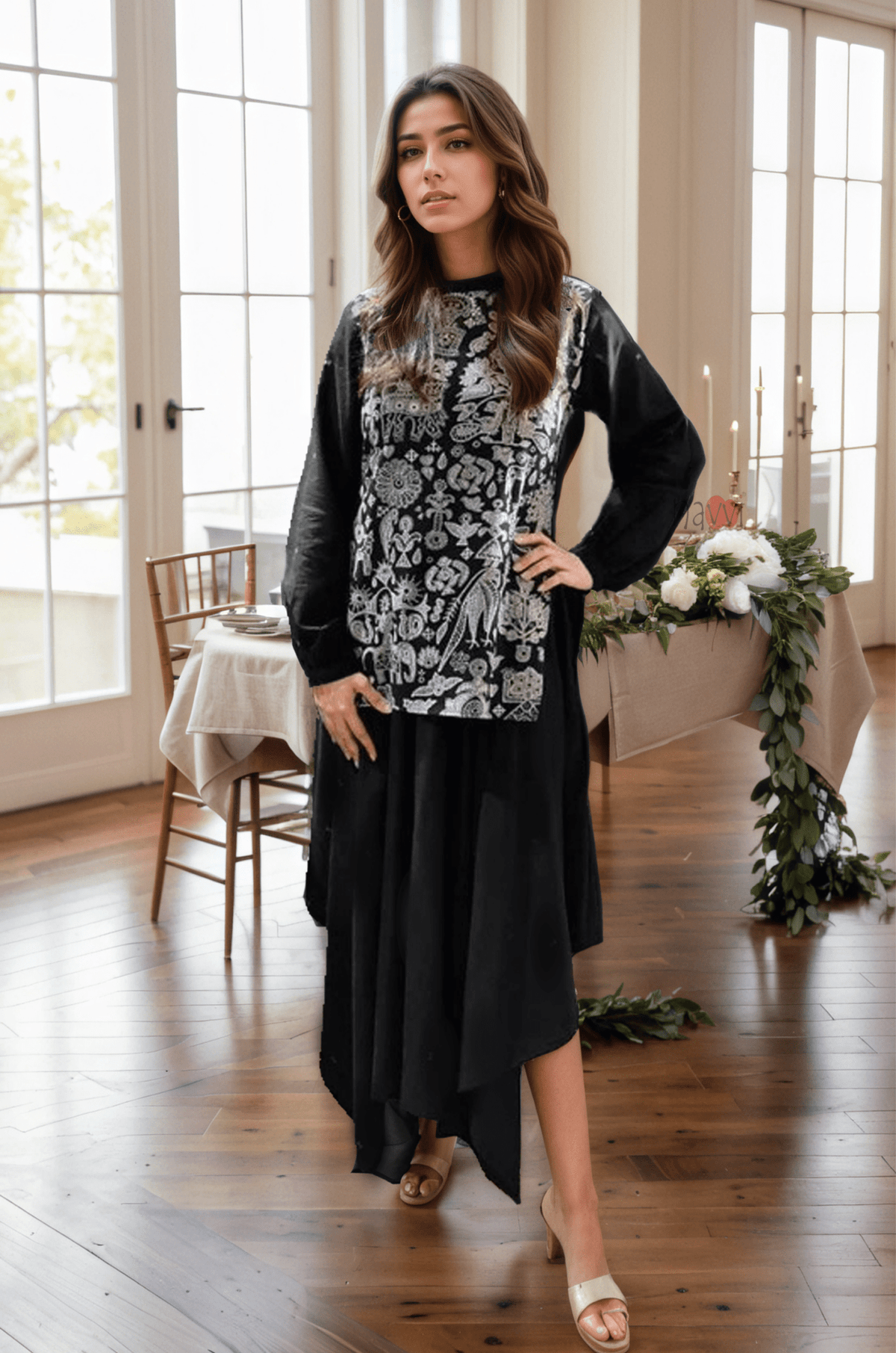 Handblock Printed Asymmetric Co - ord with Skirt - Navvi.in