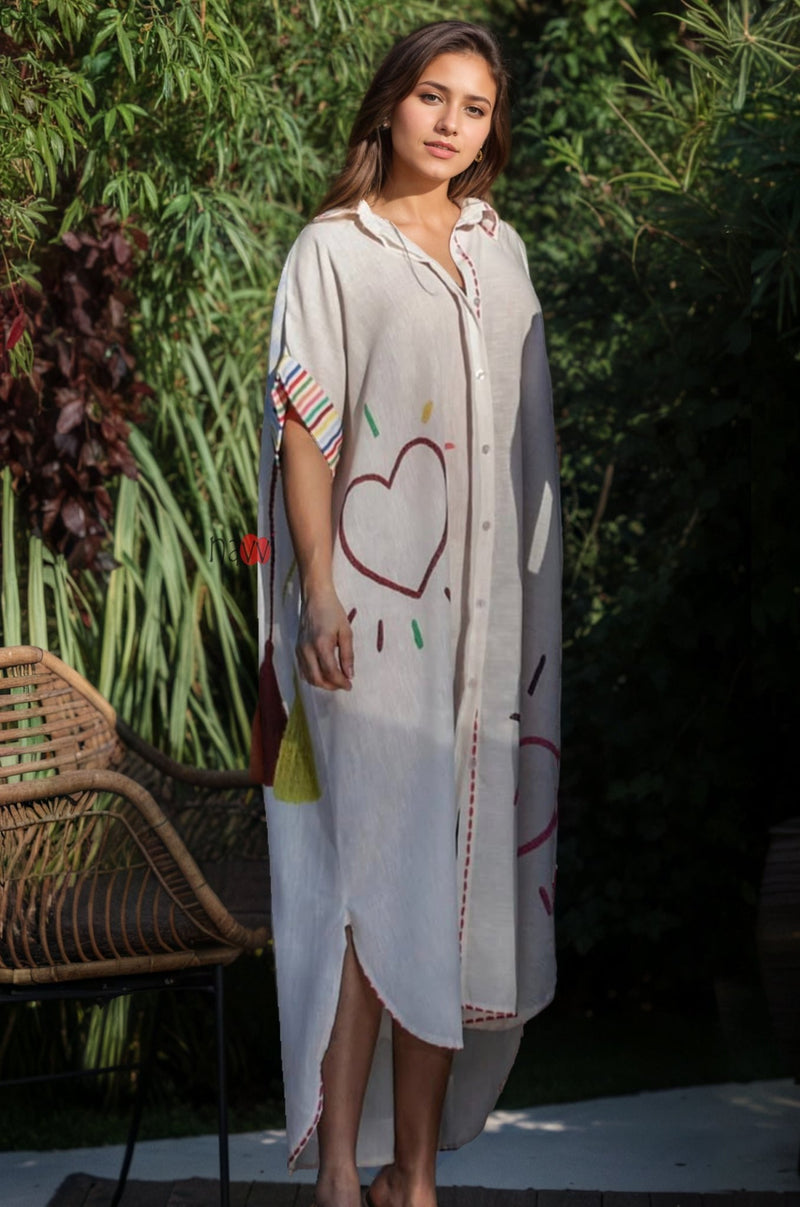Happy Soul Heart Art Printed Breezy Shirt Dress - Navvi.in