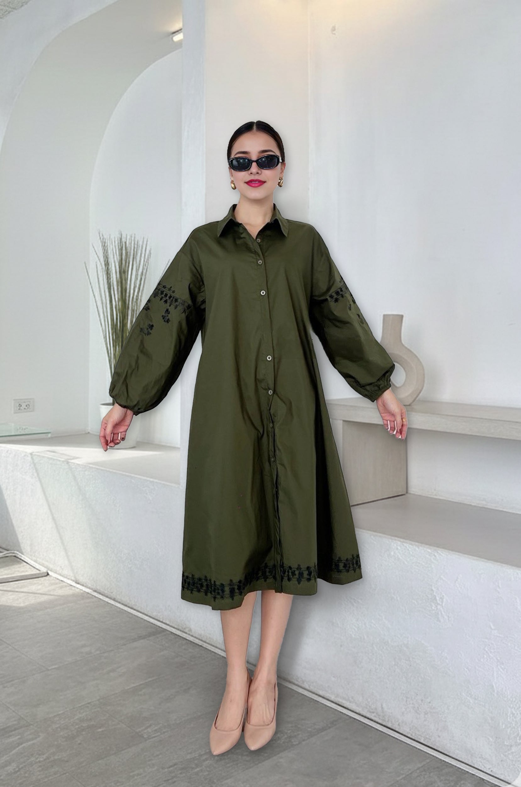 Embroidered Oversized A-Line Shirtdress