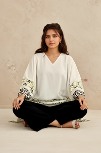 Ivory Geometric Border Kaftan Top with Black Straight Pants