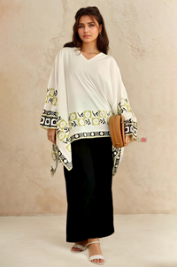 Ivory Geometric Border Kaftan Top with Black Straight Pants