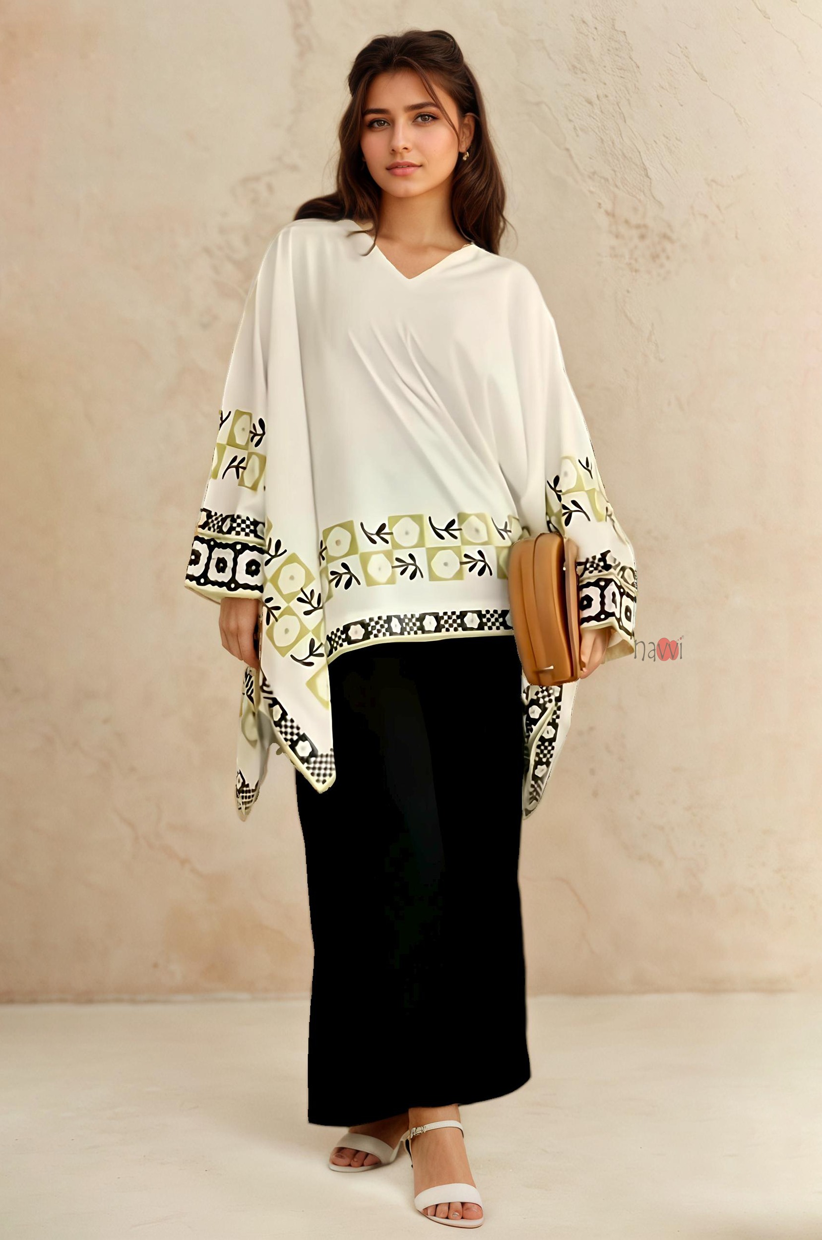 Ivory Geometric Border Kaftan Top with Black Straight Pants