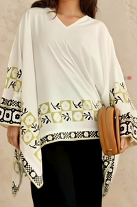 Ivory Geometric Border Kaftan Top with Black Straight Pants