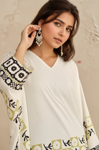 Ivory Geometric Border Kaftan Top with Black Straight Pants