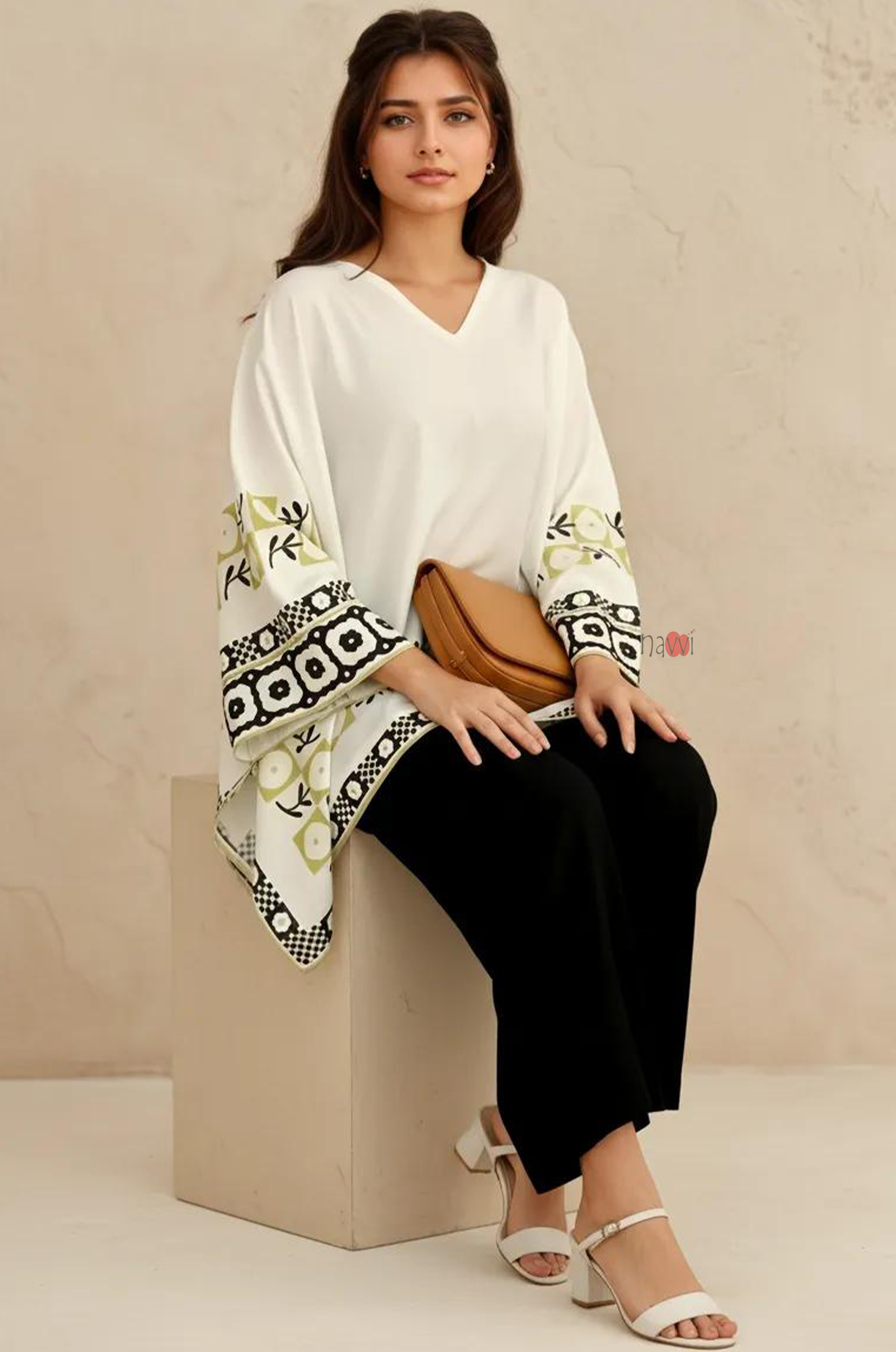 Ivory Geometric Border Kaftan Top with Black Straight Pants