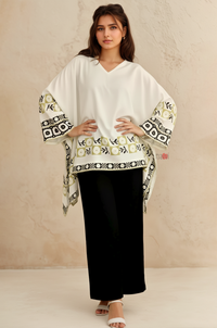 Ivory Geometric Border Kaftan Top with Black Straight Pants