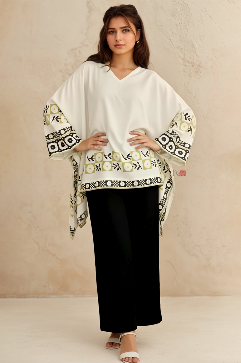Ivory Geometric Border Kaftan Top with Black Straight Pants