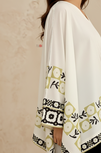 Ivory Geometric Border Kaftan Top with Black Straight Pants