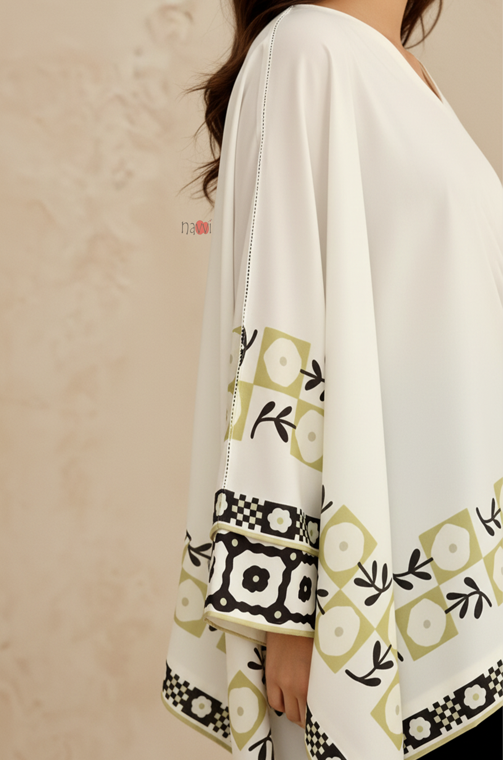 Ivory Geometric Border Kaftan Top with Black Straight Pants