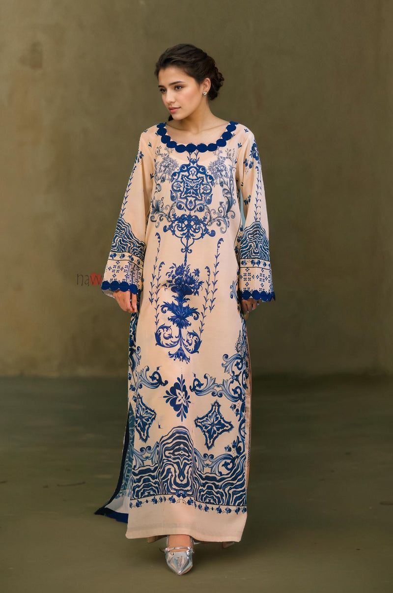Classic Beige Kaftan with Blue Detailing