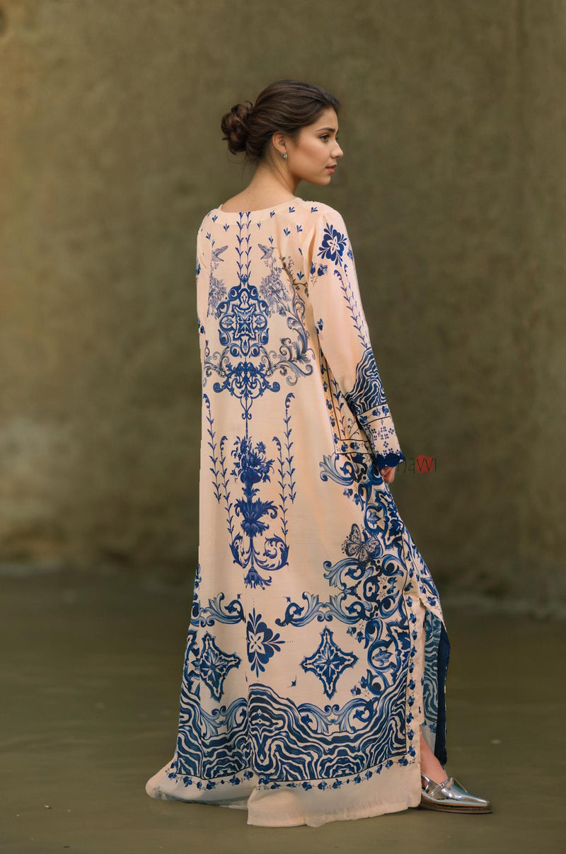 Classic Beige Kaftan with Blue Detailing