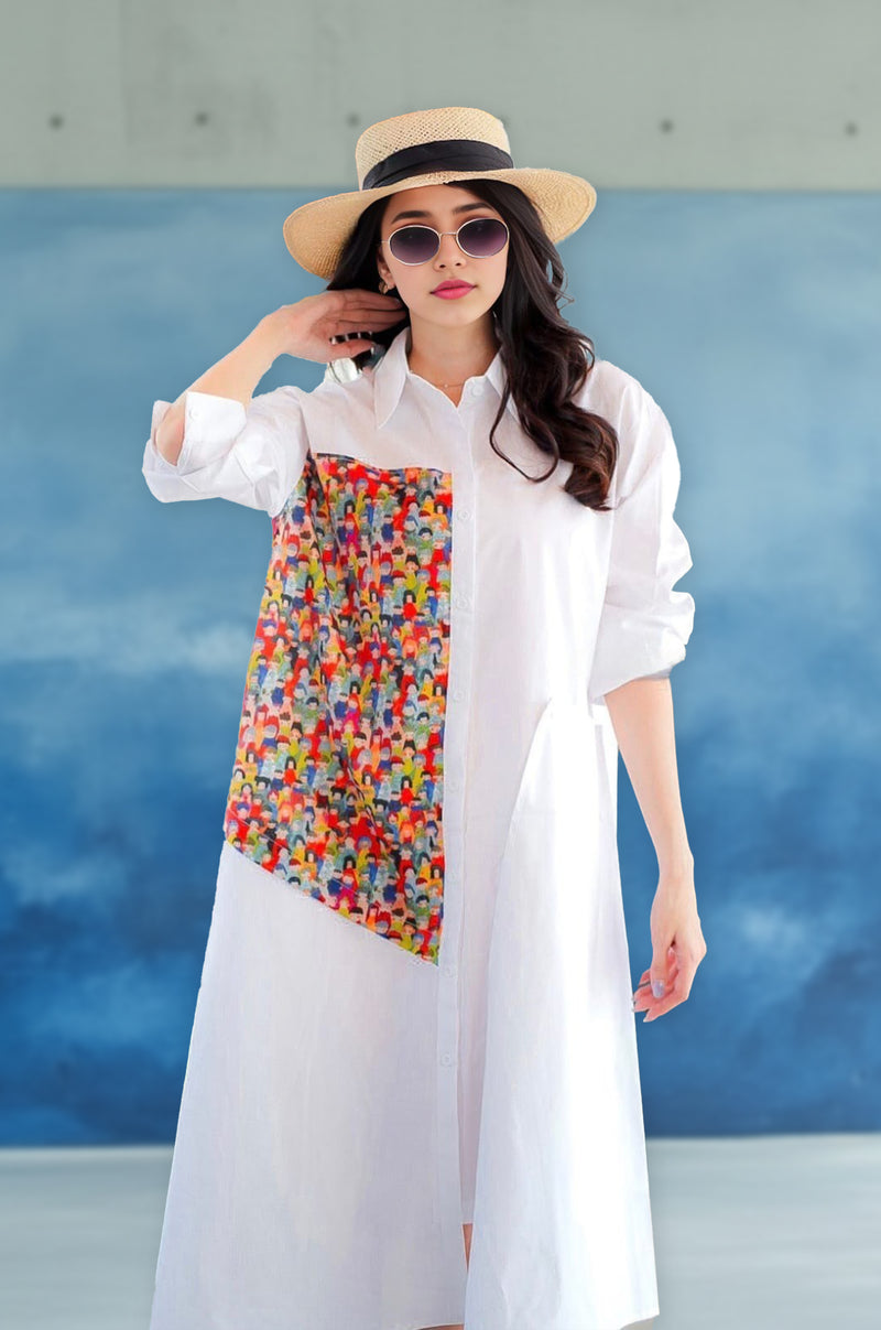 Chic Shirt Dress with Abstract Print Panel – Casual & Stylish