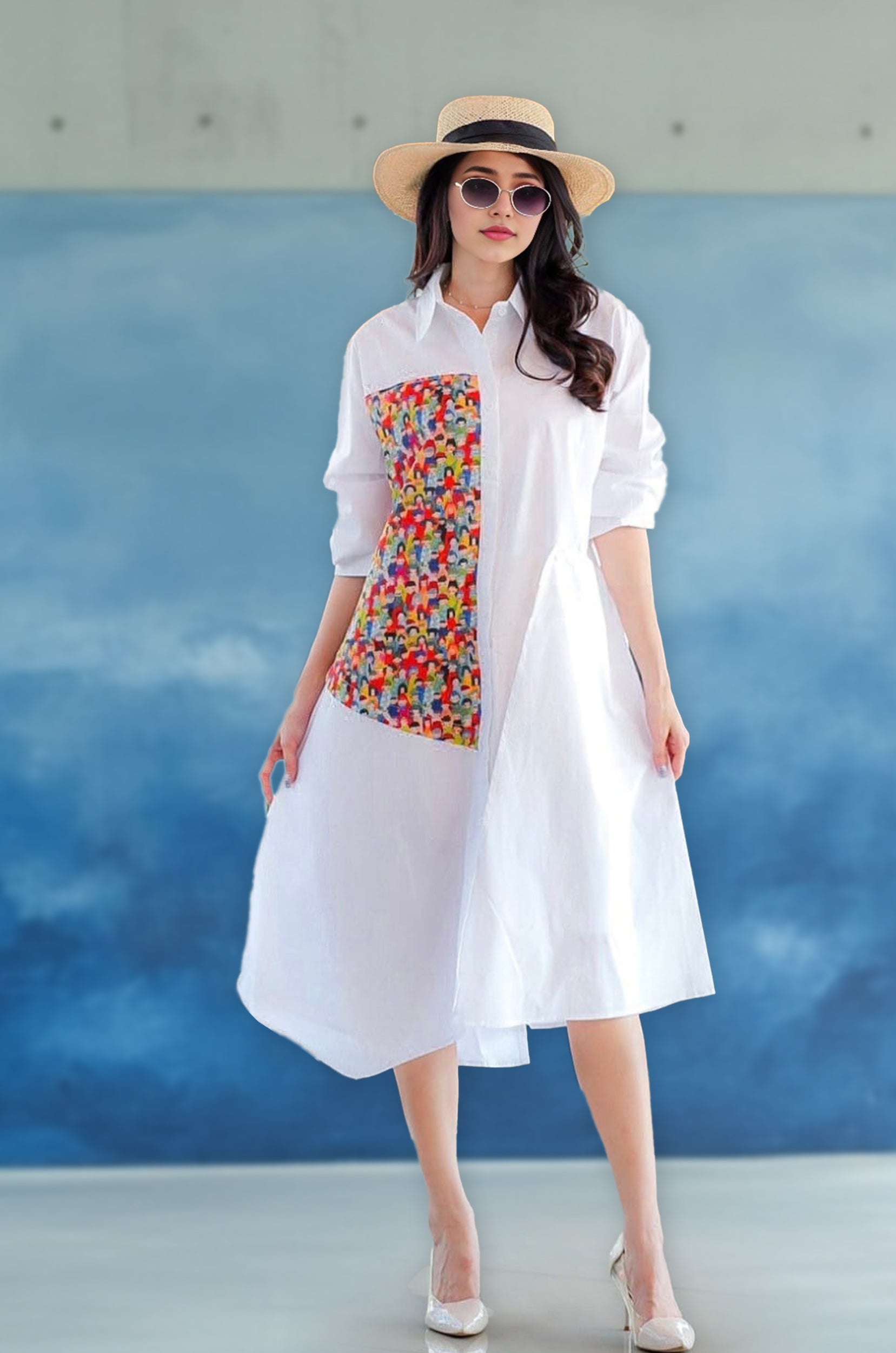 Chic Shirt Dress with Abstract Print Panel – Casual & Stylish
