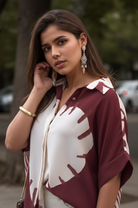Burgundy Ivory Abstract Flow Up-down Shirt Top
