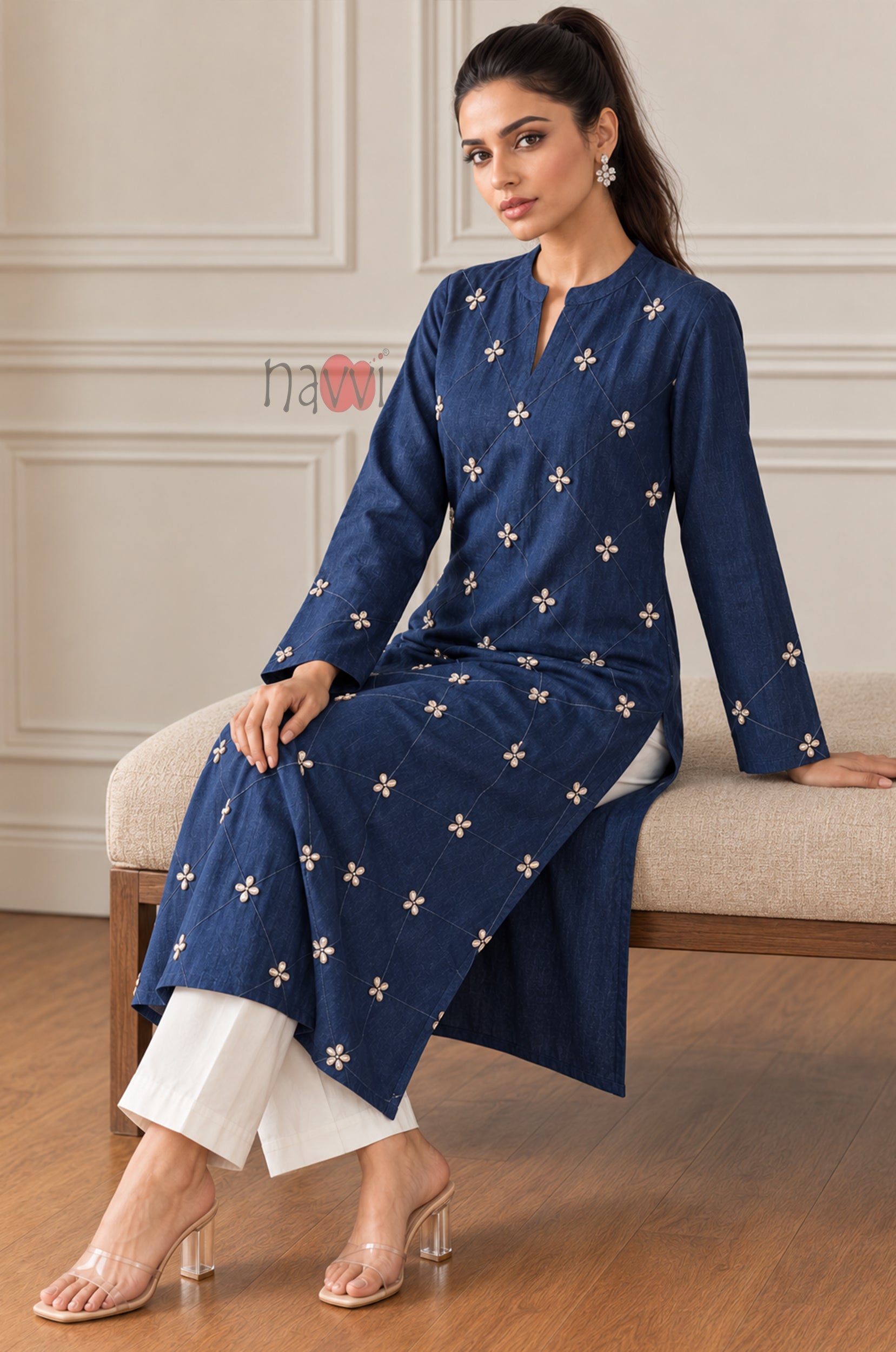 Royal Blue Diamond Embroidered Kurta Set