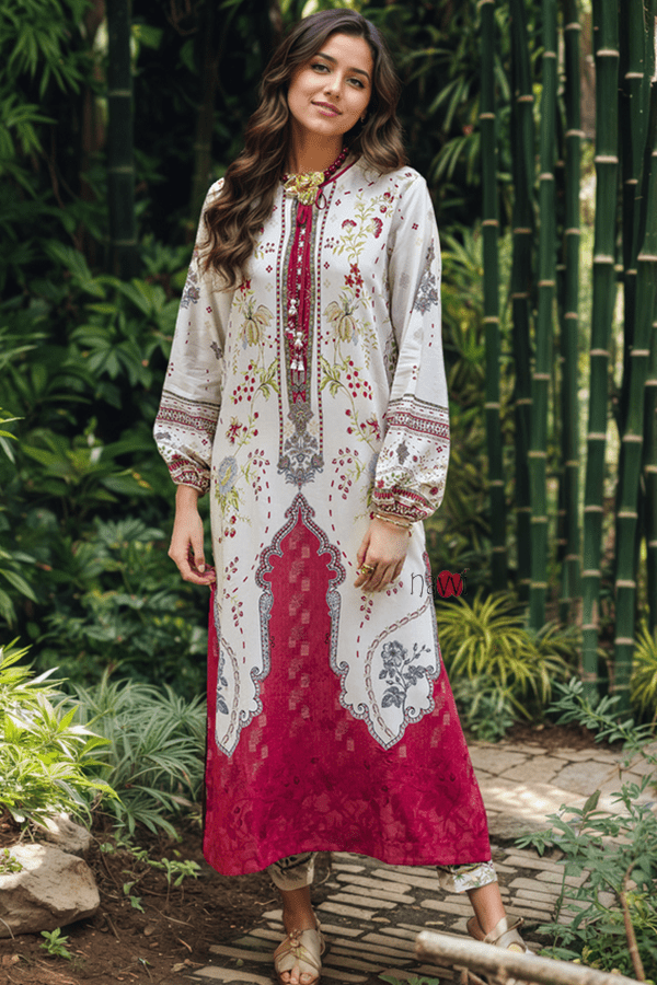 Ivory & Crimson Mughal Print Kurta Set - Navvi.in