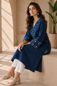 Royal Blue Embroidered Flared Sleeve Kurta Set