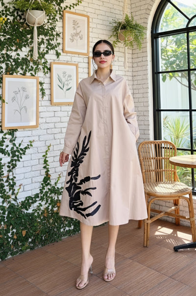 Beige Oversized Graphic Print Shirt Dress
