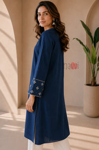 Royal Blue Embroidered Flared Sleeve Kurta Set