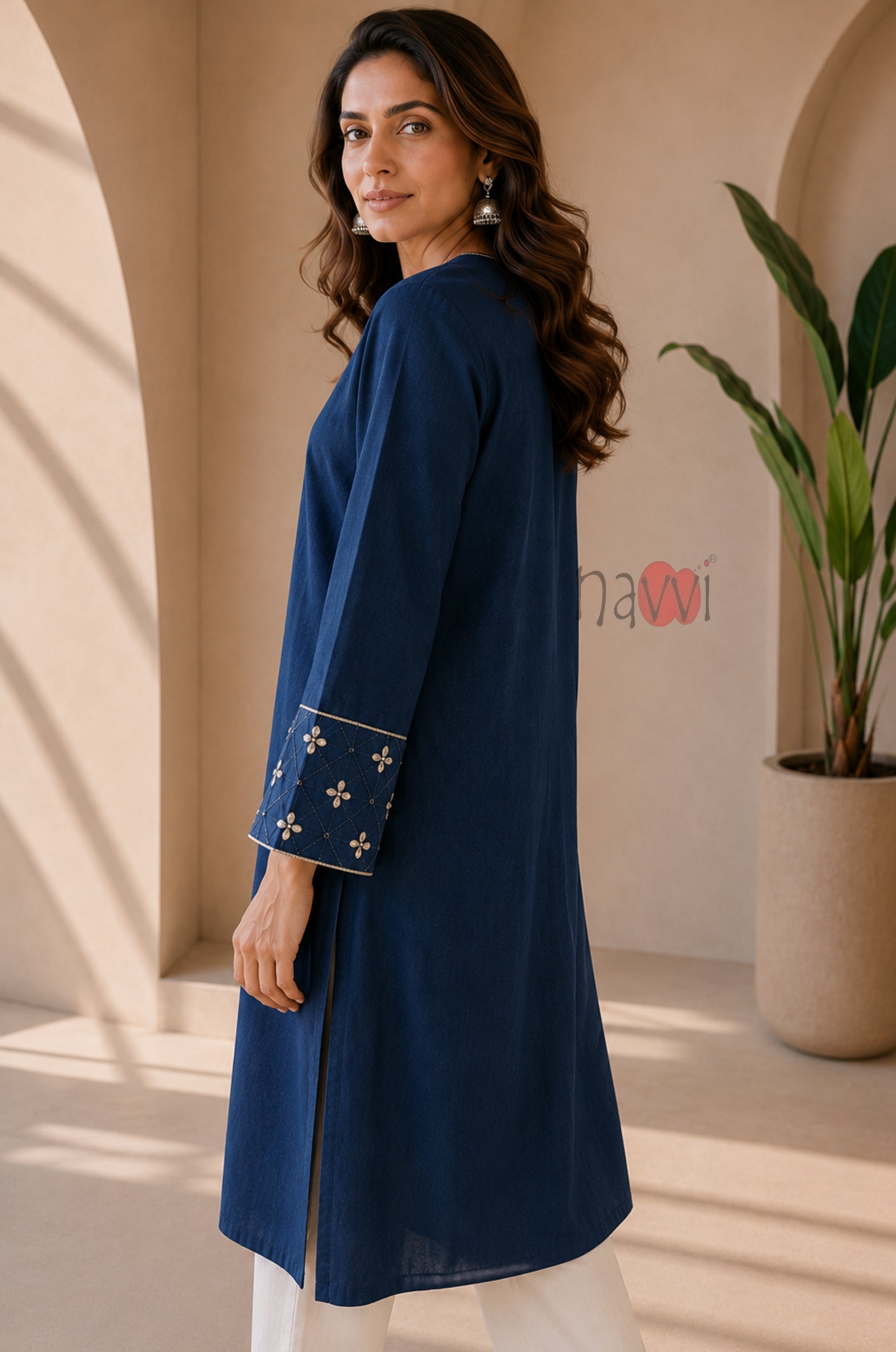 Royal Blue Embroidered Flared Sleeve Kurta Set