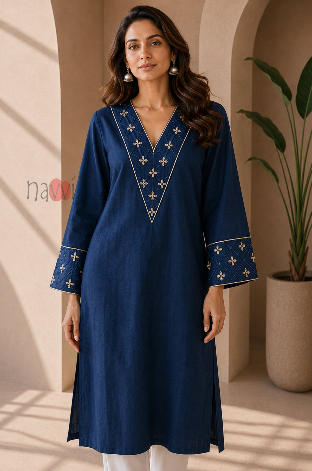Royal Blue Embroidered Flared Sleeve Kurta Set