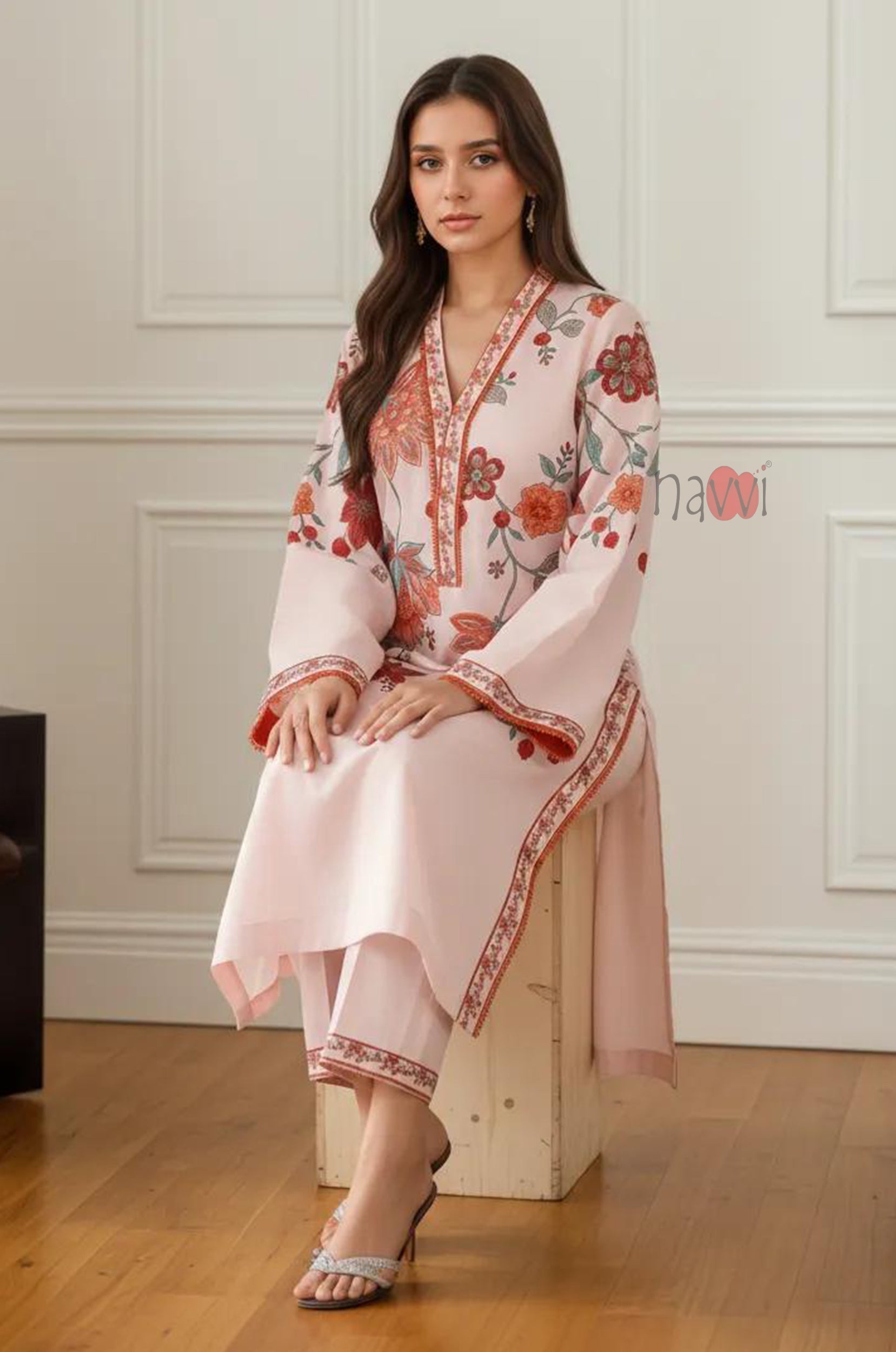 Ivory Floral Straight Kurta Set – Festive Wear - Navvi.in
