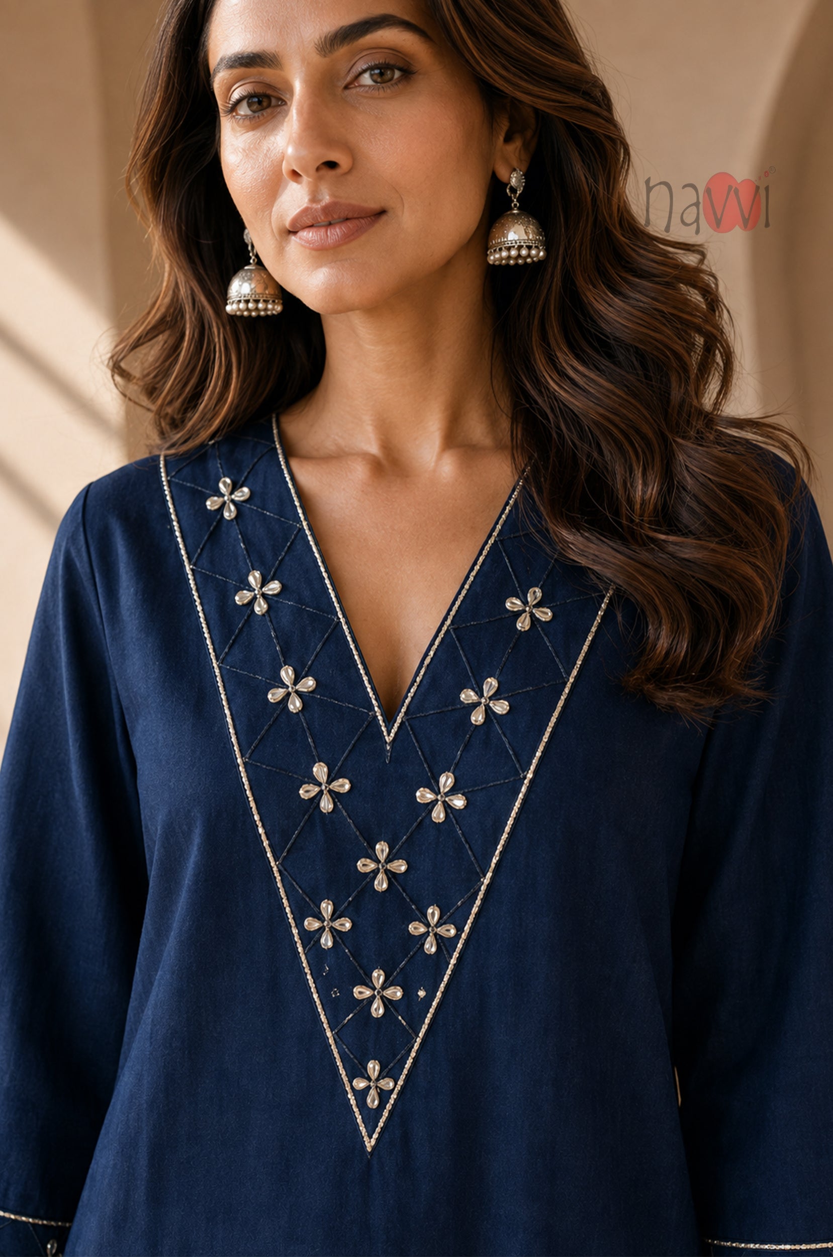 Royal Blue Embroidered Flared Sleeve Kurta Set