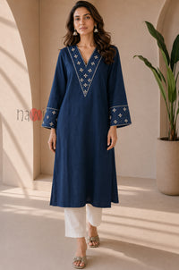 Royal Blue Embroidered Flared Sleeve Kurta Set