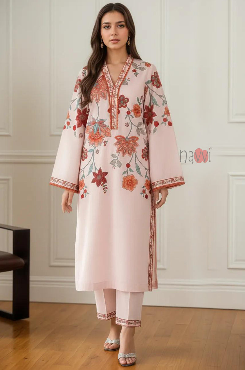 Ivory Floral Straight Kurta Set – Festive Wear - Navvi.in