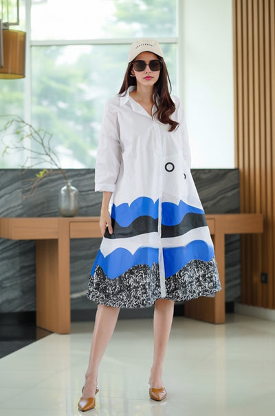 Abstract Wave Print Oversized Shirt Dress