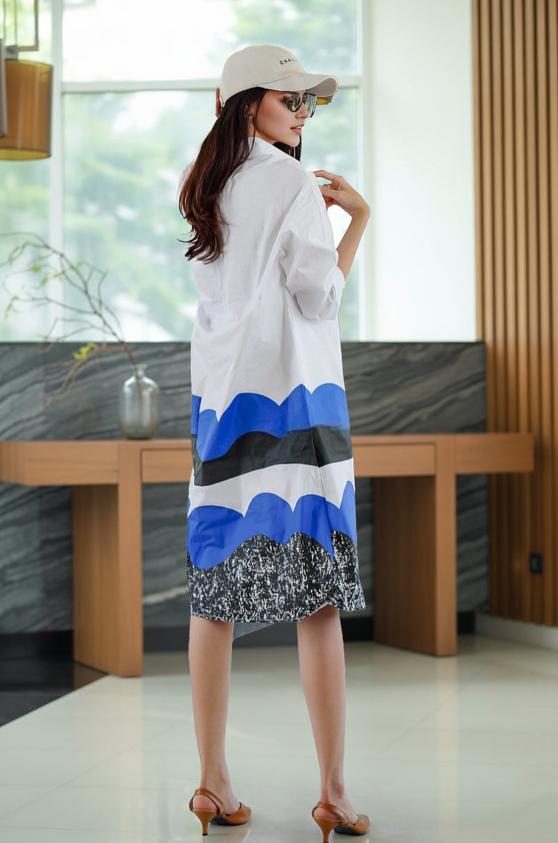 Abstract Wave Print Oversized Shirt Dress
