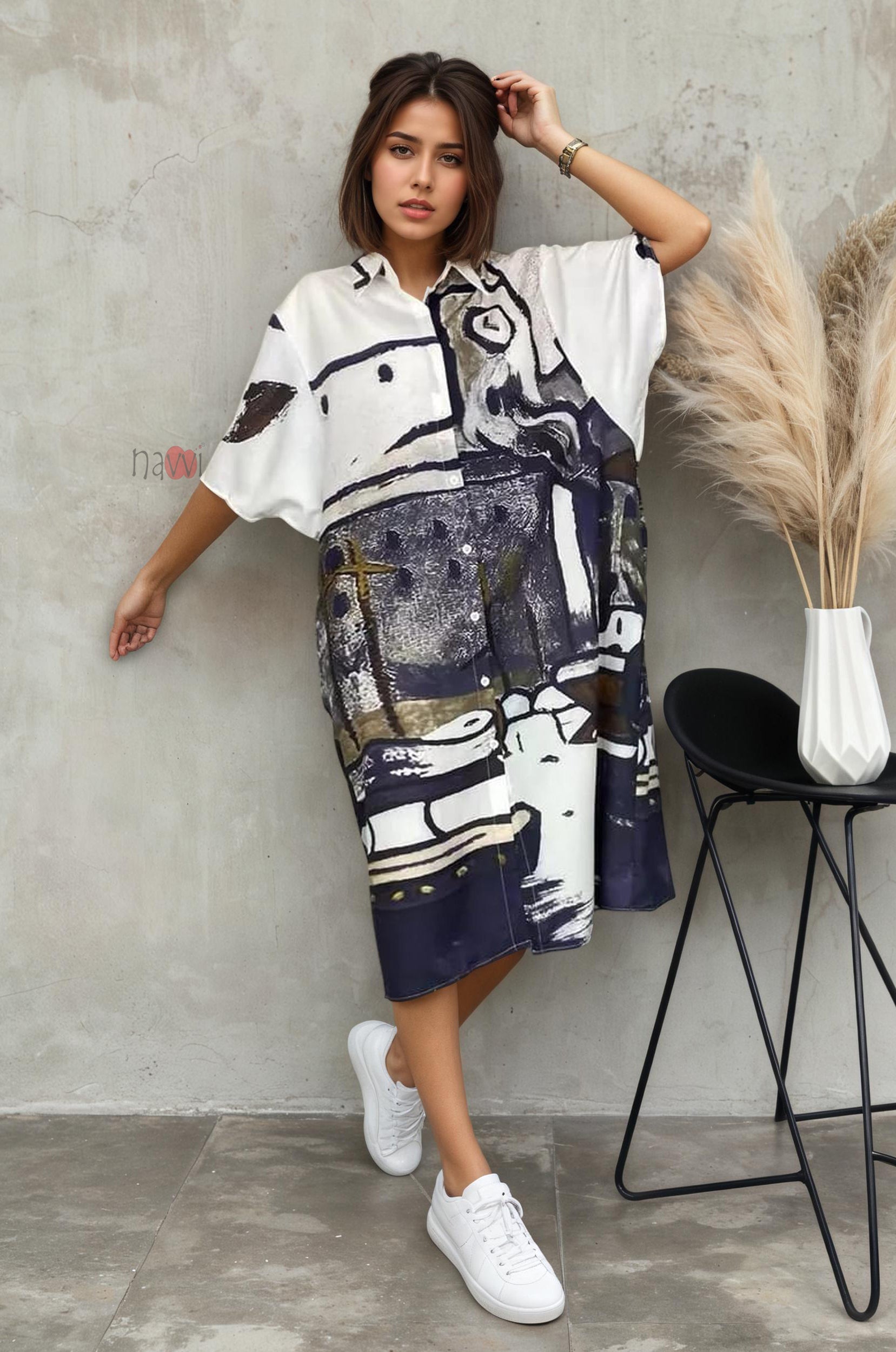 Stylish Brush Stroke Print Shirt Dress