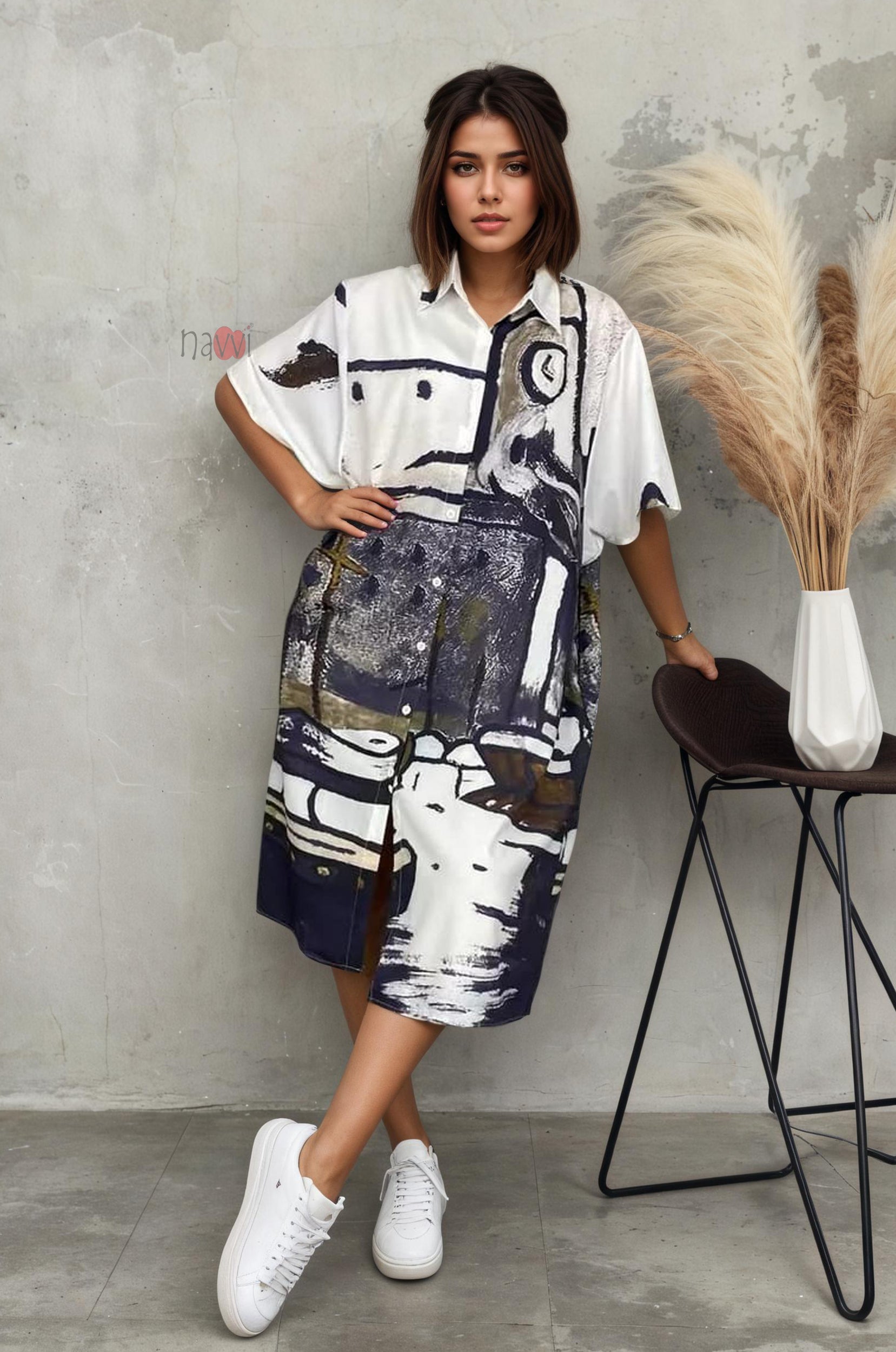 Stylish Brush Stroke Print Shirt Dress