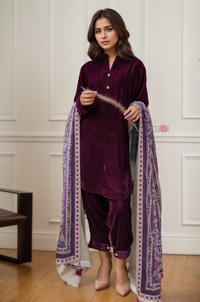 Plum Ice Velvet Tunic and Trouser Suit Set
