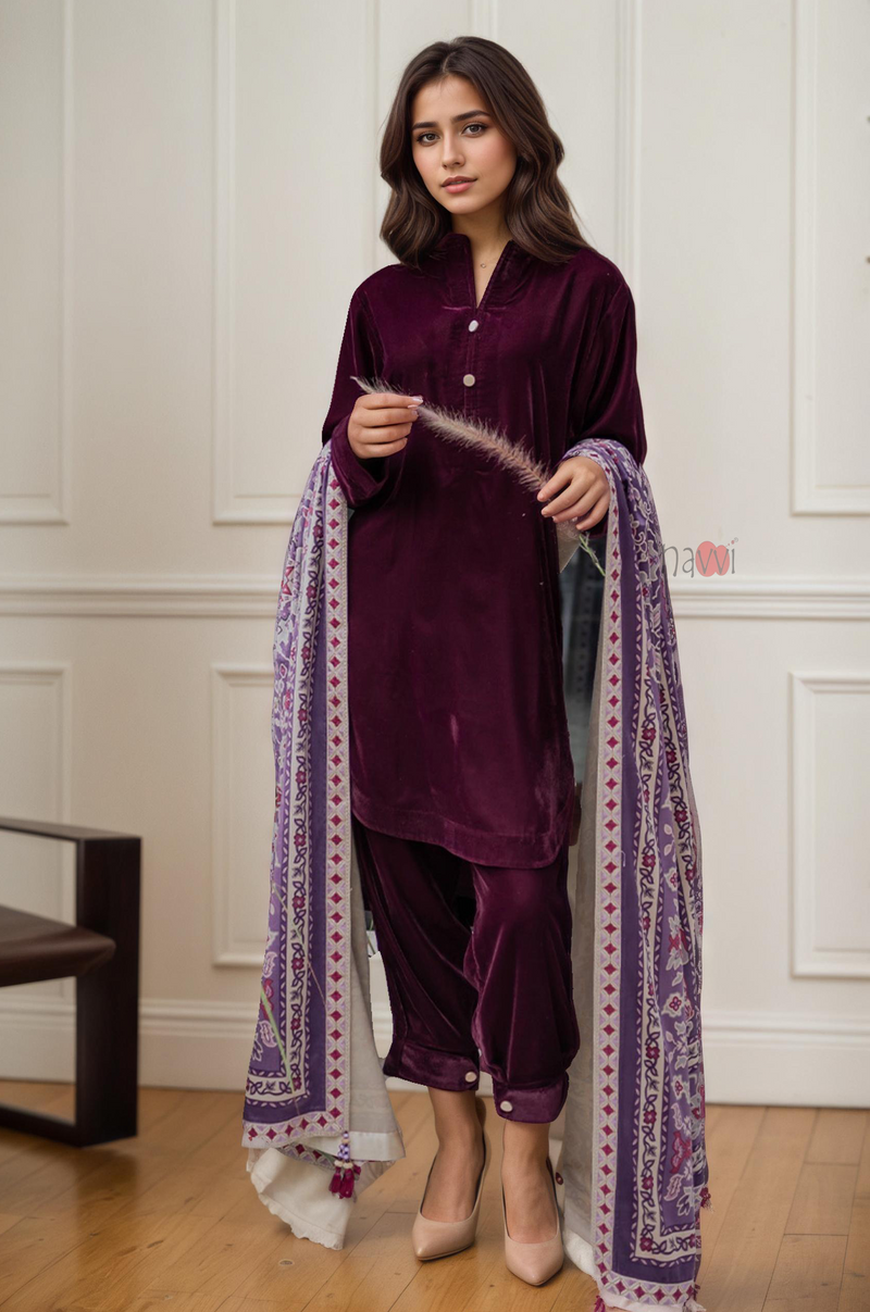 Plum Ice Velvet Tunic and Trouser Suit Set