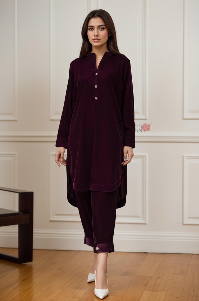 Plum Ice Velvet Tunic and Trouser Suit Set