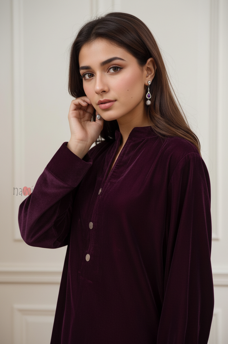 Plum Ice Velvet Tunic and Trouser Suit Set