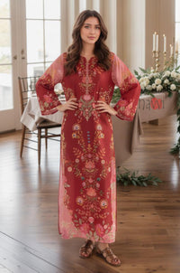 Crimson Red Floral Printed Kaftan Dress